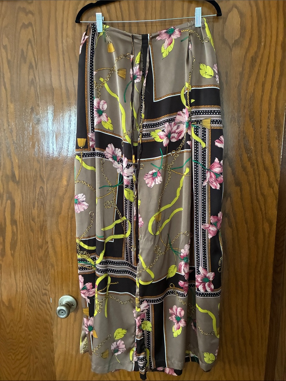 New York & Company Brown Floral Wide Leg Pants with Pink & Lime Accents